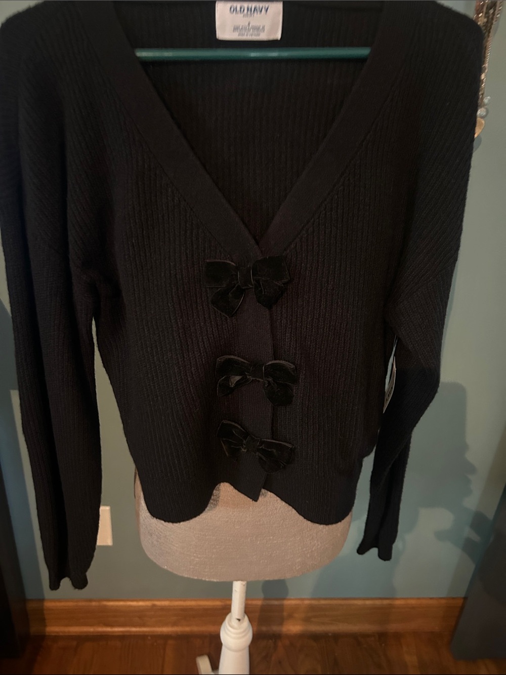 Old Navy Black V-Neck Cardigan with Velvet Bow Details